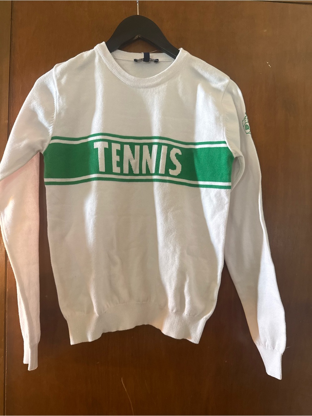 Ame and Lulu White Crewneck Sweater with Green 'TENNIS' Chest Stripe NWT